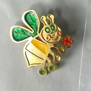 Vintage Gold Tone Enamel Bumble Bee Pin Brooch Green Yellow Insect Jewelry